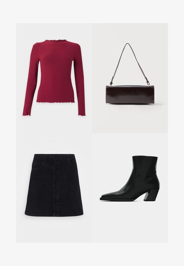 Top de punto canalé de manga larga en rojo oscuro con un alto cuello plisado y bordes plisados en los puños y el dobladillo.; Falda de mezclilla negra con corte recto, presenta un cierre de botones al frente, dos bolsillos laterales y una textura suave.; Bota de tobillo de cuero negro con punta afilada, una silueta elegante y un tacón cuadrado grueso. Textura suave con detalles de costura mínimos.; Bolso rectangular de cuero negro con una sola correa larga y acabado brillante, exhibido sobre un fondo blanco liso.