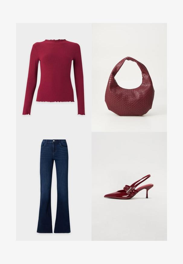 Haut à manches longues en maille côtelée rouge foncé avec un col montant à volants et des bords volantés aux poignets et à l’ourlet.; Jean en denim bleu foncé avec jambes évasées, poches avant et fermeture à bouton à la taille.; Escarpins slingback en cuir verni rouge avec un bout pointu, deux brides à boucle et un talon aiguette slim de hauteur intermédiaire. Texture lisse.; Sac à main tissé bordeaux avec une silhouette arrondie, une seule poignée et une finition texturée. Fermeture zippée en haut.