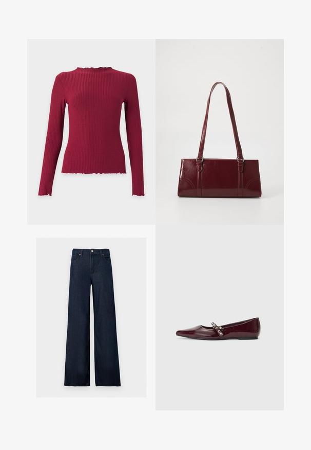 Langemouwen geribde gebreide top in donkerrood met een hoge gerimpelde halslijn en gerimpelde randen bij de manchetten en zoom.; Donkerblauwe denim jeans met wijde pijpen, een knoop aan de voorkant, riemlussen en vijf zakken op een effen achtergrond.; Bordeaux lakleren ballerina's met een spitse neus, enkelband met zilveren hardware en een platte zool. Vloeiende, glanzende textuur.; Bourgondische handtas van glanzend materiaal, rechthoekige vorm, met twee schouderbanden en subtiele gebogen accenten aan de voorkant.