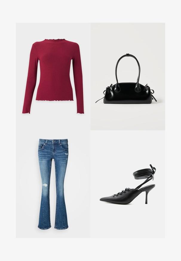 Langærmet ribstrikket top i mørkerød med høj flæsekrave og flæsekant ved manchetter og kant.; Blå denim flared jeans med en mellemhøj talje, slidte detaljer på knæene og en glat, struktureret overflade gennemgående.; Sort spids sko med høje hæle, snørelukning foran og omlægning omkring anklerne bundet med sløjfe, vist fra siden på hvid baggrund.; Lille sort blank håndtaske med to lange håndtag og snøre-detaljer i siden på en ensfarvet lys baggrund.