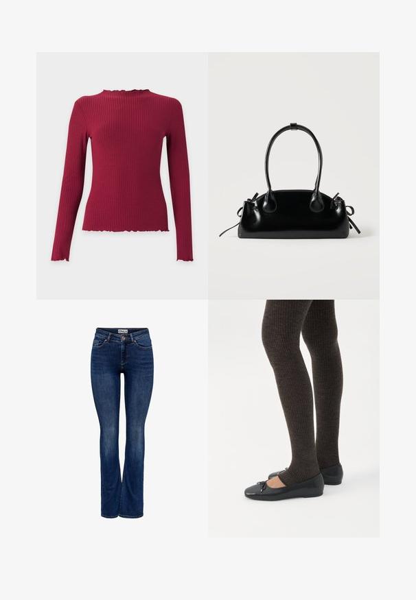 Langærmet ribstrikket top i mørkerød med høj flæsekrave og flæsekant ved manchetter og kant.; Mørkeblå denim jeans med let falming, fem-pockets design, knaplukning og bootcut benstil, mærket "ONLY" på linningen.; Ben iført mørke ribbede leggings kombineret med sorte balletsko med små sløjfedetaljer på hvid baggrund.; Lille sort blank håndtaske med to lange håndtag og snøre-detaljer i siden på en ensfarvet lys baggrund.