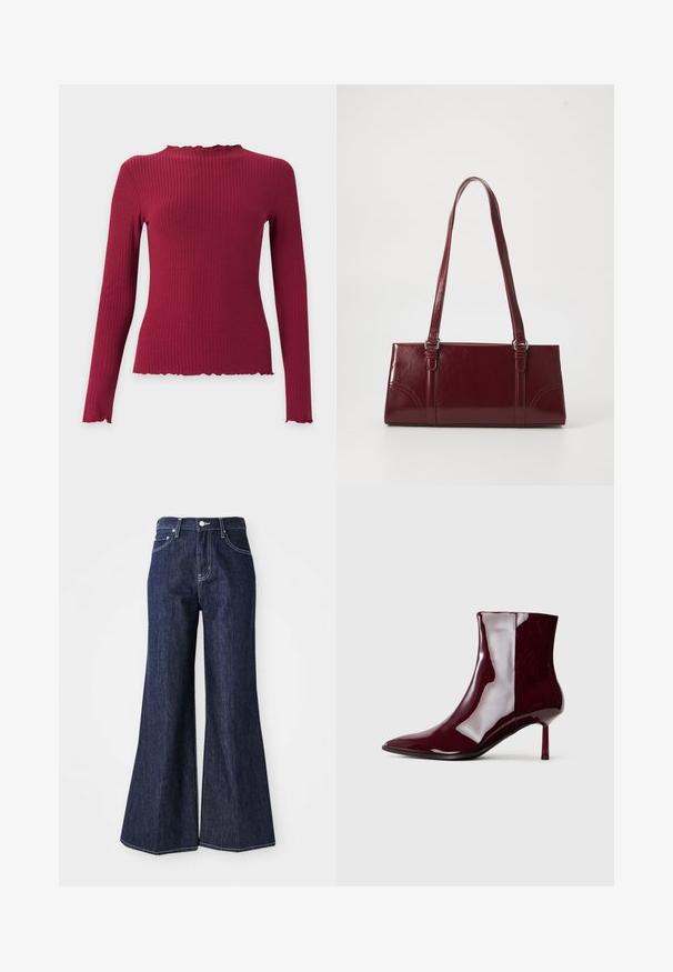 Langærmet ribstrikket top i mørkerød med høj flæsekrave og flæsekant ved manchetter og kant.; Mørke denim flared jeans med høj talje, der har knap- og lynlåslukning. Hvide syninger og brede ben skaber en struktureret silhuet.; Skinnende mørkerød ankelstøvle med spids tå og tynd mellem-højde hæl på en lys ensfarvet baggrund.; Bordeaux håndtaske lavet af glansfuldt materiale, rektangulær form, med to skulderremme og subtile buede detaljer på forsiden.