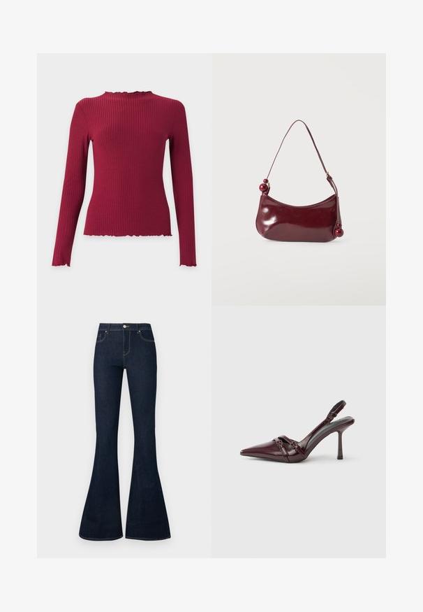 Haut à manches longues en maille côtelée rouge foncé avec un col montant à volants et des bords volantés aux poignets et à l’ourlet.; Jean en denim bleu foncé taille haute avec jambes évasées, bouton et zip à l'avant, et conception à cinq poches.; Escarpin slingback en cuir verni bordeaux avec bout pointu, fine bride à la cheville et petit détail décoratif de boucle. Texture lisse et talon haut.; Petit sac à épaule rouge foncé brillant avec un bord supérieur incurvé et des perles rondes décoratives aux extrémités de la bandoulière.