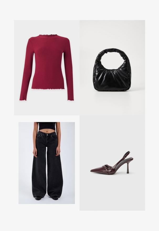 Langemouwen geribde gebreide top in donkerrood met een hoge gerimpelde halslijn en gerimpelde randen bij de manchetten en zoom.; Vrouw die hoge taille, brede zwarte jeans draagt, zwart cropped top, zwarte schoenen en een ring aan haar rechterhand, staand op een witte achtergrond.; Bordeauxrode lakleren slingback met puntige neus, dunne enkelband en kleine decoratieve gespsluiting. Gladde textuur en hoge hak.; Zwarte gevoerde handtas met een ronde handgreep, met een gladde, glanzende oppervlakte en een zachte, gewatteerde textuur. Geen zichtbare metalen onderdelen of accenten.