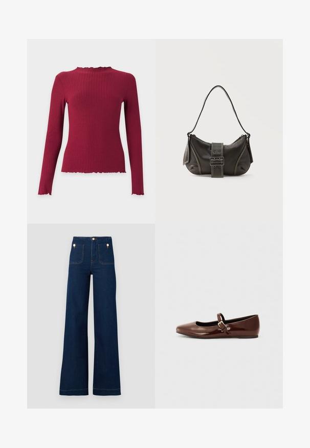 Long-sleeve ribbed knit top in dark red with a high ruffled neckline and ruffled edges at cuffs and hem.; Dark blue wide-leg jeans with high waist, gold button accents, two front and back pockets, and contrasting stitch details. Textured denim fabric.; Brown patent leather ballet flat with a square toe and strap featuring a small gold buckle. Smooth texture, low heel, and minimalist design.; Black leather shoulder bag with a buckle strap detail, curved edges, and contrasting white stitching on a plain background.