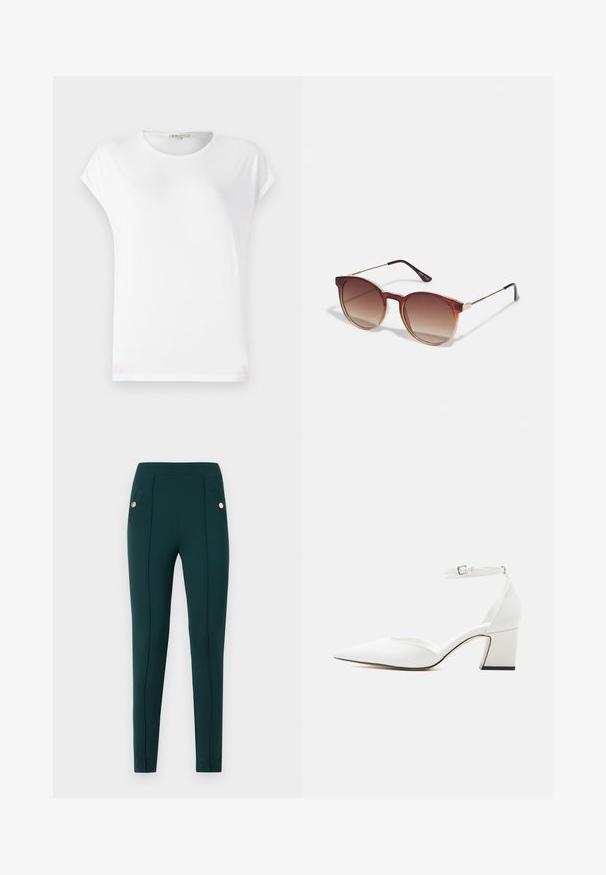 T-shirt blanc à manches courtes avec un col rond, texture douce et design simple. Lignes épurées avec une coupe décontractée.; Pantalon vert foncé ajusté avec coutures frontales et rabats de poche boutonnés, présenté sur un fond clair uni.; Chaussure blanche à bout pointu, talon moyen, bride à la cheville avec boucle, finition lisse, et talon bloc sur un fond clair uni.; Lunettes de soleil rondes avec des verres dégradés marron, une monture en acétate écaille de tortue, et des accents en métal doré sur le pont et les branches.