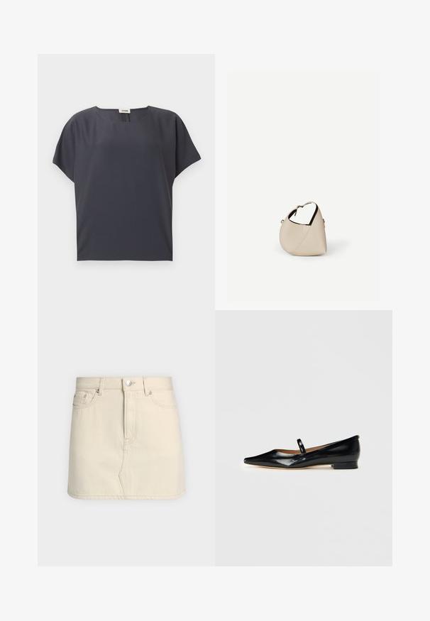 Blouse à manches courtes gris foncé avec encolure ronde et coupe ample, présentée à plat sur un fond clair.; Mini-jupe en denim écru avec passants de ceinture, fermeture par boutons sur le devant et deux poches avant sur un fond uni.; Chaussure plate Mary Jane en cuir verni noir, à bout pointu, avec une seule sangle et un petit talon sur fond uni.; Sac à main en cuir beige en forme de croissant avec une seule bandoulière et des coutures minimalistes, posé sur un fond blanc uni.