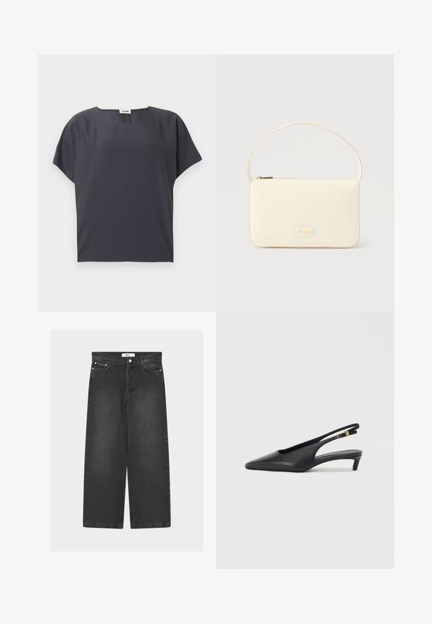 Blouse à manches courtes gris foncé avec encolure ronde et coupe ample, présentée à plat sur un fond clair.; Pantalon large en denim noir à taille haute, poches avant et fermeture par bouton. Comprend une taille à cordon et une texture lisse.; Des escarpins à talon ouvert noirs avec un bout pointu, une texture en cuir lisse, un petit talon aiguille, et une sangle avec un accent de boucle en métal.; Sac à main rectangulaire de couleur crème avec une seule sangle et une fermeture éclair sur le dessus, comportant une petite plaque de logo embossé à l'avant.