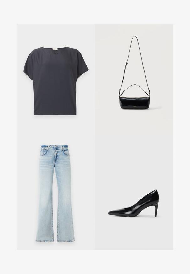 Donkergrijze blouse met korte mouwen, ronde halslijn en losse pasvorm, plat gelegd op een lichte achtergrond.; Uitlopende lichtblauwe denim jeans met een zachte textuur, vijf zakken en een knoopsluiting. Heeft vervaging voor een versleten effect.; Zwarte leren hoge hak met een spitse neus, een gladde textuur en een tapse hak. Minimalistisch ontwerp, geen extra versieringen.; Zwarte rechthoekige leren crossbodytas met verstelbare schouderriem, bovenrits en klein gouden Calvin Klein-logo aan de voorkant.