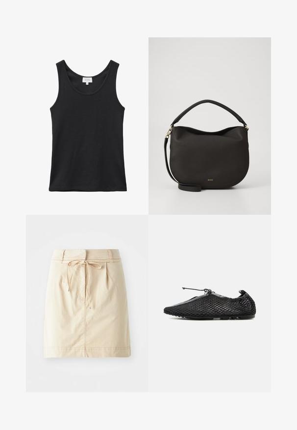 Débardeur noir côtelé sans manches avec encolure dégagée et étiquette de la marque au dos du col, taille petite.; Jupe kaki en tissu léger avec une taille ajustée, des détails de cordon de serrage, des plis et des coutures subtiles. Texture lisse.; Chaussure slip-on en mesh noir avec une semelle fine et un lacet ajustable noué sur le dessus, présentée de profil sur fond blanc.; Sac à main en cuir noir, de forme incurvée et avec une poignée supérieure. Il dispose d'une bandoulière amovible et d'un logo doré discret à l'avant.