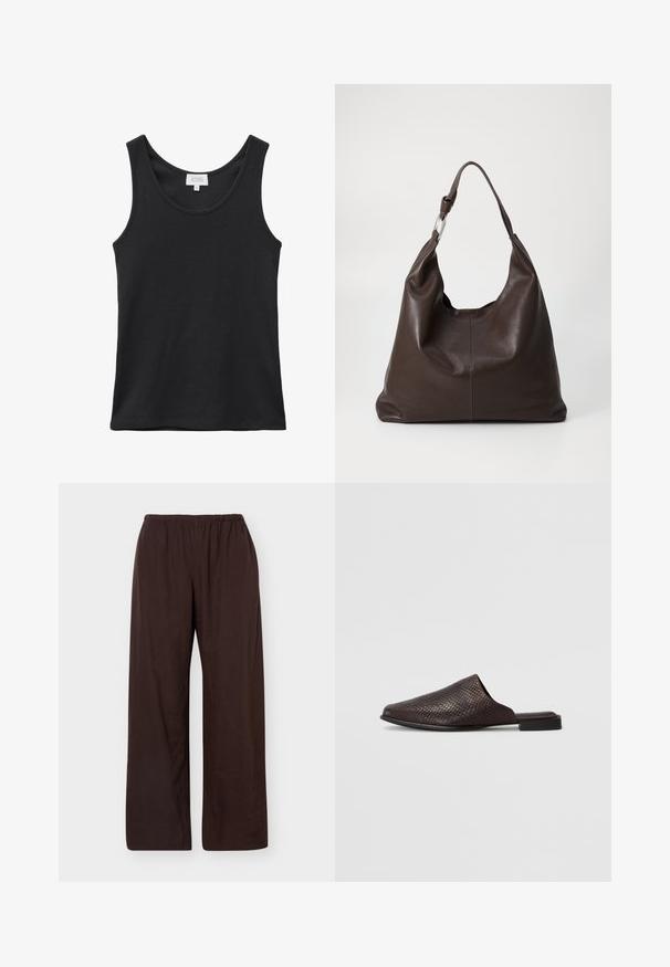 Top de tirantes negro acanalado con escote redondo y etiqueta de la marca en el cuello trasero, talla pequeña.; Pantalones de color marrón oscuro, de corte holgado, con cintura elástica, piernas rectas y sin bolsillos o estampados visibles.; Mule negro sin cierres hecho de material texturizado con un patrón de reptil, que presenta un tacón bajo y plano y un diseño de punta redondeada y abierta.; Zign by Zalando LEATHER - Bolso shopping - chocolate brown
