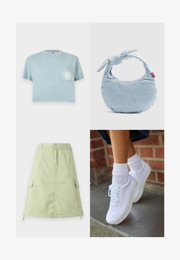 Lichtblauw cropped T-shirt met korte mouwen en een borstzakje met een witte zon en gezichtsgrafiek met de tekst "VOLCOM".; Lichtgroene katoenen knie-lange rok met twee zijcargo pockets, een knoopsluiting en een relaxte rechte pasvorm. Effen textuur.; Witte canvas sneakers met rubberen zolen, voorzien van zes vetertjes, een ronde neus en lichte stikdetails, gecombineerd met witte enkelsokken.; Lichtblauwe denim schoudertas met een knoopdetail aan het handvat en een klein rood Levi's-label aan de zijkant.