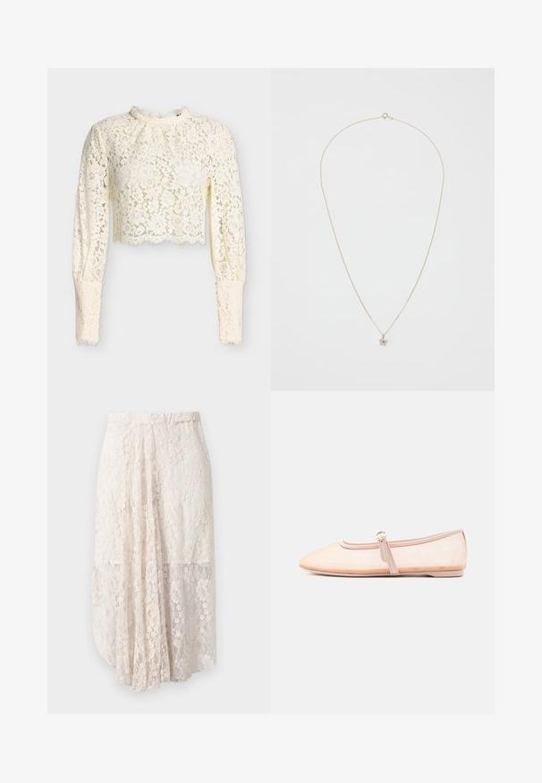 Langærmet, creamfarvet blondecroptop med blomsterprint, høj halsudskæring og knappede manchetter på ensfarvet baggrund.; Spids maxiskørt i lys beige med blomstermønstre, gennemsigtigt overlay og elastisk talje. Har en flydende, lagdelt silhuet.; Lys beige flad sko med spidst tåparti og en enkelt rem med spænde på siden, vist på en ensfarvet hvid baggrund.; Guldkæde med et delikat, tyndt design; prydet med en lille, blomsterformet vedhæng udsmykket med en klar ædelsten.