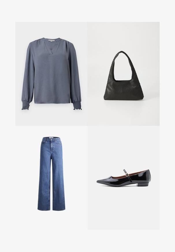 Langärmlige, hellblaue Bluse mit V-Ausschnitt, die an den Schultern Raffungen und an den Bündchen eine geraffte Textur für Detail und Stil aufweisen.; Helleblaue Denim-Weite-Leg-Jeans mit hoher Taille, zwei vorderen Taschen und sichtbarer Naht. Mit Knopf- und Reißverschluss.; Schwarze Lackleder-Mary-Jane-Ballerinas mit spitz zulaufender Zehenpartie und kleinem Absatz, ausgestattet mit einem verstellbaren Riemen mit goldfarbener Schnalle.; Schwarze Lederhandtasche mit dreieckiger Form, einem großen Ausschnittgriff und detaillierter Naht entlang der Kanten. Glatte Textur.