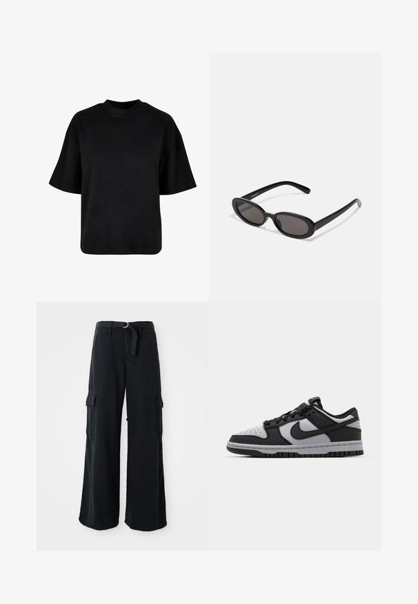 T-shirt en coton noir avec un col haut, des manches courtes et une coupe large et boxy, sans motifs ni accents visibles.; Pantalons cargo larges noirs en coton avec ceinture à nouer, dotés de deux poches latérales et d'une texture de tissu lisse.; Baskets basses Nike Dunk noires et grises avec un bout perforé, des accents en cuir lisse et une semelle en caoutchouc avec un motif de traction texturé.; Even&Odd Lunettes de soleil - black