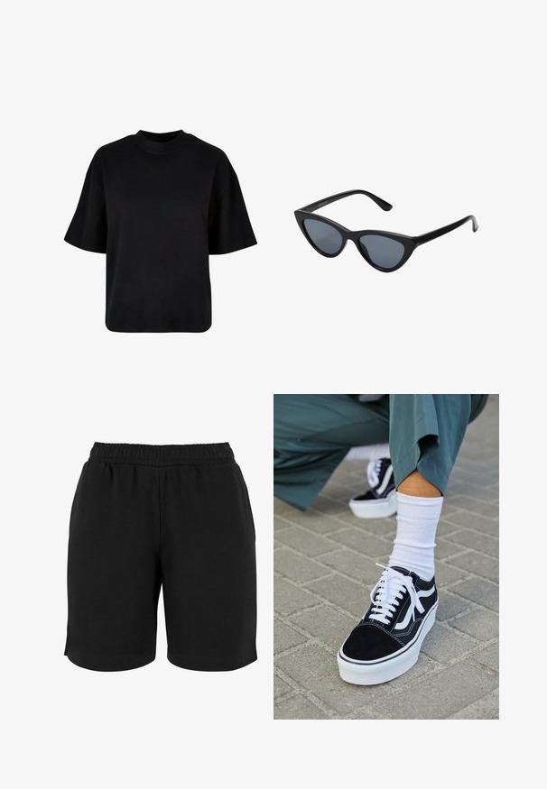 Sort bomulds t-shirt med høj hals, korte ærmer og en løs, boxy pasform uden synlige mønstre eller accenter.; Sorte bomulds shorts med elastisk talje, der har en glat tekstur og en simpel pasform. Ingen lommer eller udsmykninger er synlige.; Sorte ruskinds sneakers med hvide accenter og snørebånd, der har en tyk hvid sål og kontrasterende syninger, parret med en hvid sok.; Sorte katteøje solbriller med mørkegrå linser, slankt plastisk stel, spidse hjørner og lige stænger. Ingen synlig hardware eller dekorationer.