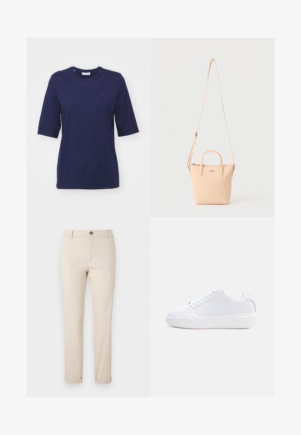 Dunkelblaues Rundhals-T-Shirt aus Baumwolle mit kurzen Ärmeln und einem aufgestickten Logo auf der Brust. Glatte Textur und normale Passform.; Beige Chino-Hosen mit geradem Bein, aus Baumwolle gefertigt. Sie verfügen über einen Knopfverschluss, vordere Taschen und umgeschlagene Säume an den Knöcheln.; Weißer Sneaker mit niedrigem Schaft, Schnürverschluss, dicker Sohle und glattem Obermaterial, von der Außenseite vor einem einfarbigen hellen Hintergrund gezeigt.; Beige kleine Handtasche mit zwei kurzen Griffen, langem verstellbarem Schulterriemen und Krokodil-Logo auf der Vorderseite.