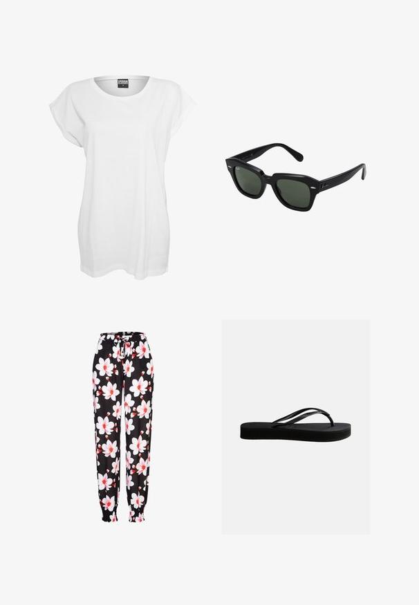 Camiseta blanca de manga corta hecha de algodón, con un corte relajado, cuello ancho y un diseño minimalista sin patrones ni adornos.; Pantalones de tela negra con patrón floral en blanco y rojo, con cintura elástica y cordón ajustable, y puños fruncidos. Material ligero.; Chancla negra de goma con suela texturizada y correa en forma de Y, mostrada en vista lateral sobre un fondo liso y claro.; Gafas de sol cuadradas negras con lentes verde oscuro, con montura audaz y acentos plateados en los laterales. Fabricadas en Italia.
