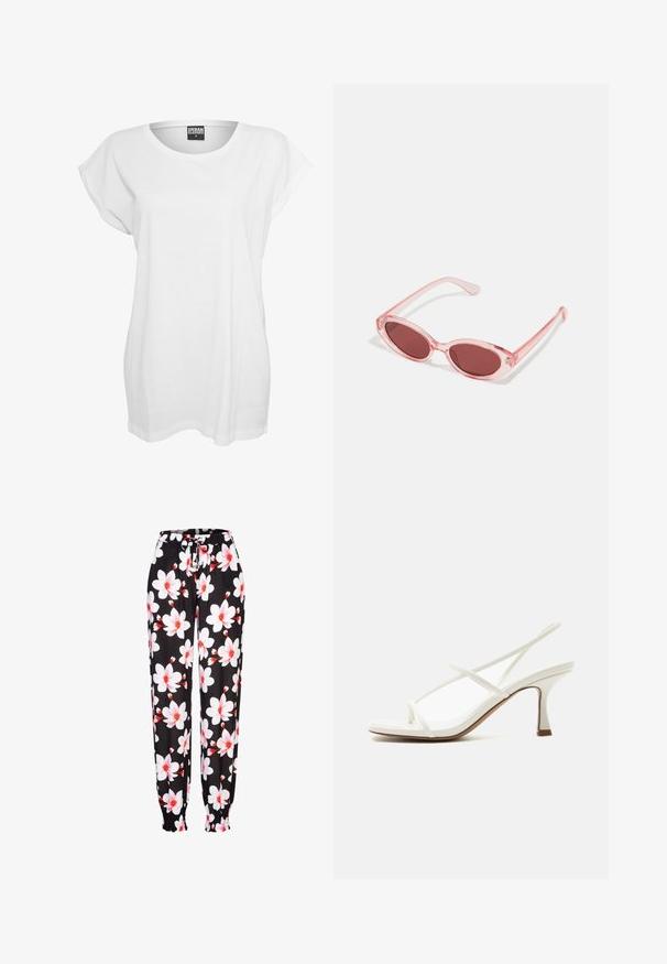 T-shirt blanc à manches courtes en coton, présentant une coupe décontractée, un large décolleté et un design minimaliste sans motifs ni accents.; Pantalons en tissu noir avec un motif floral blanc et rouge, taille élastique avec cordon de serrage, et poignets froncés. Matière légère.; Sandale blanche à talon pour femme avec lanières fines croisées et bride arrière sur fond clair.; Lunettes de soleil transparentes roses avec des verres ovales, teintés d'un rouge foncé, et des branches fines, présentant une finition lisse et des détails subtils sur la monture.