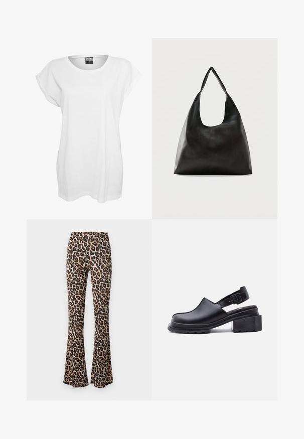 Camiseta blanca de manga corta hecha de algodón, con un corte relajado, cuello ancho y un diseño minimalista sin patrones ni adornos.; Pantalones acampanados de estampado de leopardo en tono marrón y negro, hechos de una tela suave con una textura lisa, con una cintura ajustada y un dobladillo acampanado.; Zapato slingback de cuero negro con puntera cerrada, correa ajustable con hebilla, tacón bajo grueso y suela texturizada sobre fondo blanco.; Bolso de hombro de cuero negro liso con una correa ancha y única y un diseño desenfadado y minimalista sobre un fondo sencillo.