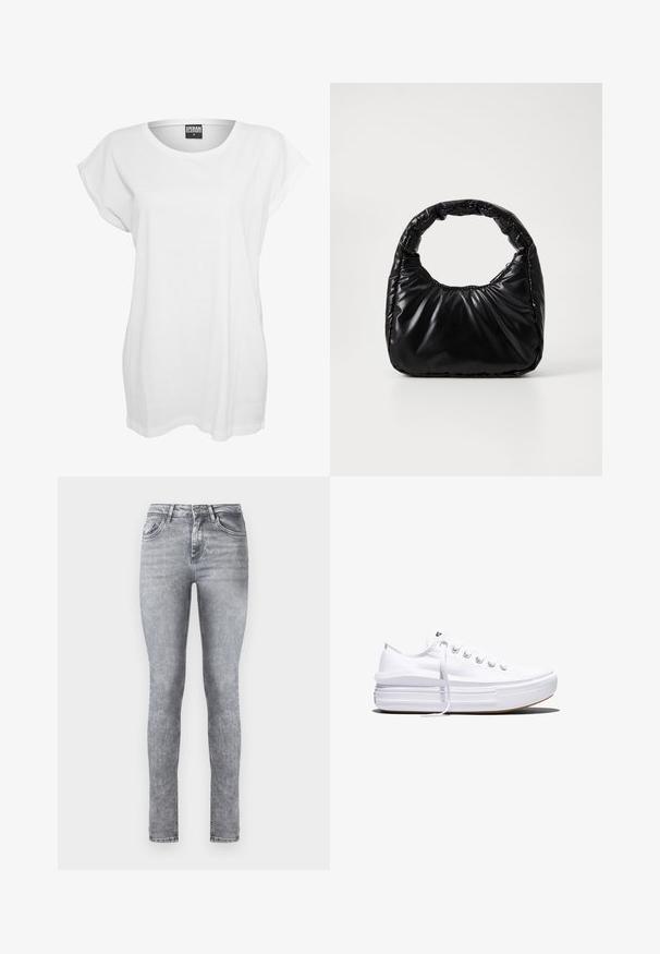Hvid kortærmet t-shirt lavet af bomuld, med en afslappet pasform, bred halsudskæring og minimalistisk design uden mønstre eller accenter.; Grå denim skinny jeans med høj talje, fem lommer og subtil lysning over det hele. Har lynlås og knaplukning.; Hvid lavt snørestøvle med tyk plateau-sål, snørelukning foran og gummiforstærket tåkap, set i sideprofil.; Sort polstret håndtaske med et rundt håndtag, der har en glat, skinnende overflade og en blød, kviltet tekstur. Ingen synlige hardware eller accenter.