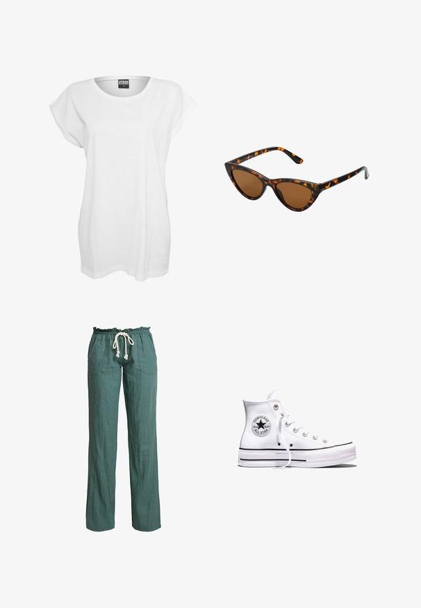 T-shirt blanc à manches courtes en coton, présentant une coupe décontractée, un large décolleté et un design minimaliste sans motifs ni accents.; Pantalons en lin léger et vert avec une coupe décontractée, une taille élastique et un cordon de serrage, comportant deux poches latérales.; Baskets blanches montantes Converse Chuck Taylor All Star avec des rayures noires et un patch logo sur le côté, présentées sur un fond blanc uni.; Lunettes de soleil style œil de chat avec une monture en écaille de tortue noire et orange, verres marron et pointes effilées et élégantes. Présente un logo minimaliste sur la branche.