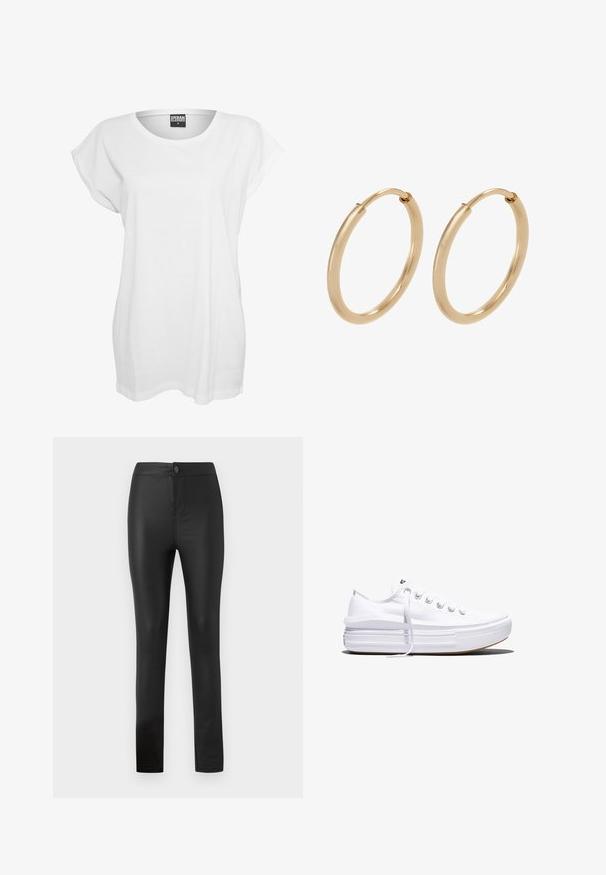 Witte kortomoto T-shirt van katoen, met een ontspannen pasvorm, wijde halslijn en een minimalistisch ontwerp zonder patronen of accenten.; Zwarte legging gemaakt van rekbaar, glad materiaal met een aansluitend ontwerp, voorzien van een voorknop en ritssluiting, en rechte pijpen.; Witte lage canvas sneaker met dikke plateauzool, veters aan de voorkant en rubberen toeskap met structuur, zijaanzicht.; Gouden creolen met een gladde, gepolijste afwerking. Ronde vorm, middelgrote maat, met een veilige sluitmechanisme.