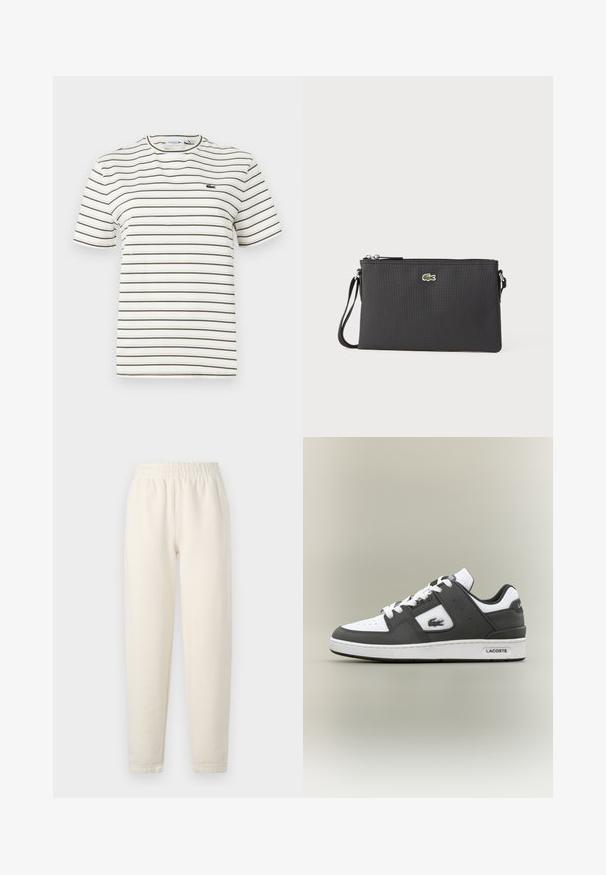 Gestreept t-shirt in het wit met dunne olijfgroene lijnen. Kenmerken zijn een ronde hals, korte mouwen en een klein Lacoste-logo op de borst.; Crème-kleurige sweatpants gemaakt van zachte stof. Bevat een elastische tailleband en een taps toelopend ontwerp met subtiele stikdetails.; Zwart-witte Lacoste sneaker met witte veters, geperforeerde neus, krokodillogo aan de zijkant en merksol op een neutrale achtergrond.; Zwarte clutch tas van gestructureerd synthetisch materiaal. Voorzien van een ritssluiting en een klein groen logo aan de voorkant. Inclusief een polsbandje.