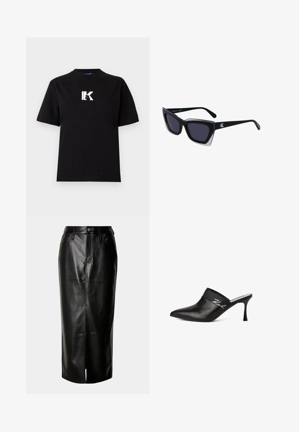Karl Lagerfeld Jeans LOGO TEE - Lihtne T-särk - black; Mustat nahast midi-seelik, millel on sirge lõige, esine reie lõhik ja klassikaline viie-tasku disain metallist detailidega.; Mustast nahast muul, millel on terav varvas ja stilettokand. Omab laia riba, millel on hõbedased kirja-detailid küljel. Sile tekstuur.; Mustad suured mustad prillid geomeetrilise kujuga, tumedate läätsedega ja kontrastse halli detailiga raamidel. Logo käe peal.