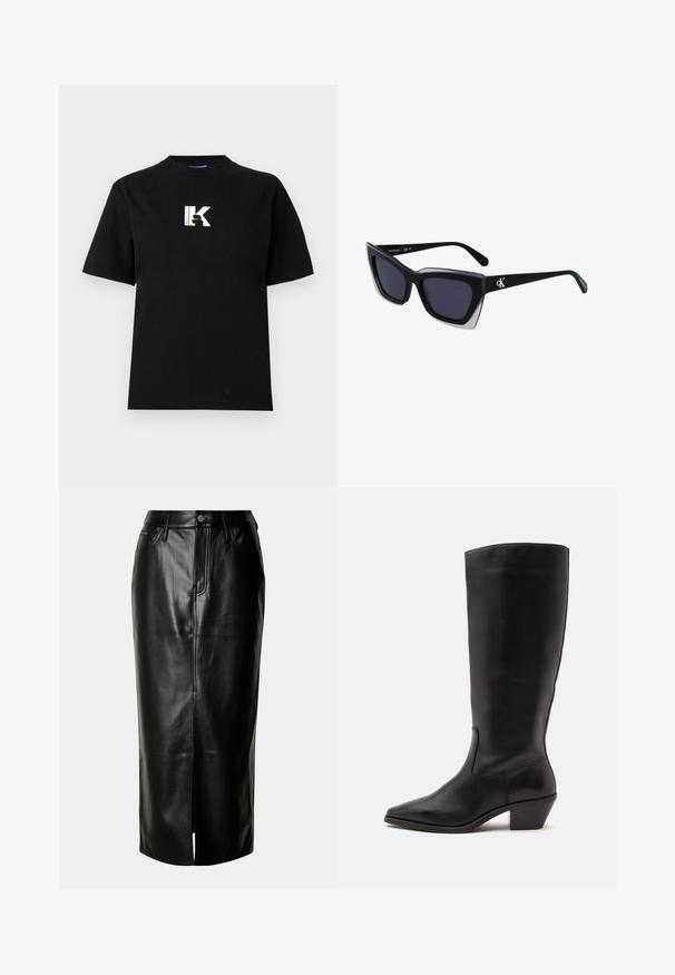 Karl Lagerfeld Jeans LOGO TEE - Základné tričko - black; Čierna kožená midi sukňa so striedmym strihom, predným rozparkom a klasickým dizajnom s piatimi vreckami a kovovými detailmi.; Čierna kožená čižma po stred lýtka s špicatou špičkou a nízkym sklopeným podpätkom na jednoduchom svetlom pozadí.; Čierne oversized slnečné okuliare s geometrickým tvarom, s tmavými šošovkami a kontrastným šedým detailom na ráme. Logo na mostíku.