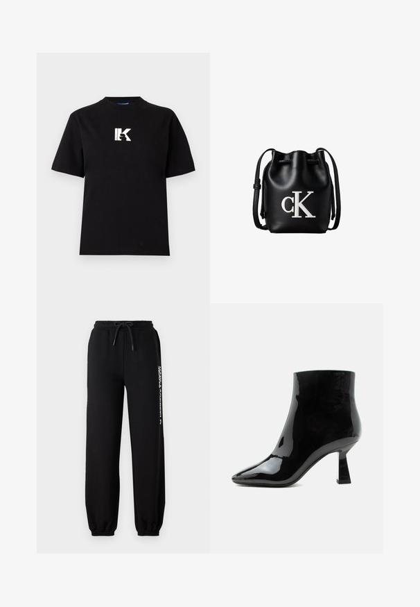 Karl Lagerfeld Jeans LOGO TEE - T-shirt basic - black; Zwarte trainingsbroek met een elastische tailleband, verstelbare trekkoord en taps toelopende manchetten. Voorzien van een wit logo dat aan de linkerkant is gedrukt.; Zwarte glanzende lakleren enkellaars met spitse neus en uitlopende middelhoge hak op witte achtergrond.; Zwarte leren bucketbag met koordsluiting aan de bovenkant en wit "cK" logo aan de voorkant, met een verstelbare schouderband.