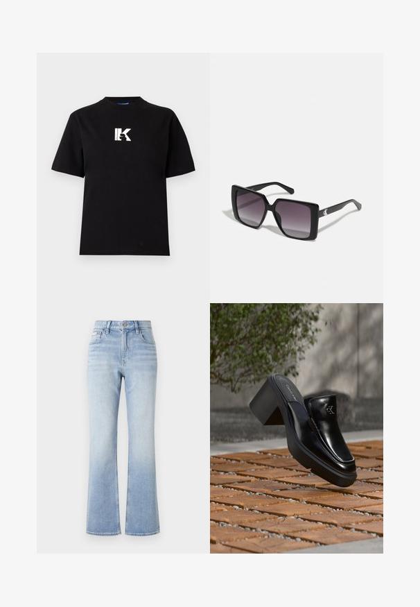 Karl Lagerfeld Jeans LOGO TEE - Βασικό μπλουζάκι - black; Ελαφριά μπλε τζιν παντελόνια με καμπάνα, ψηλή μέση, αντίθετη ραφή, μπροστινές τσέπες και μια διακριτική ξεθωριασμένη εφέ προς το στρίφωμα.; Μαύρο δερμάτινο slip-on mule από Calvin Klein με χοντρό τακούνι που ακουμπά σε ξύλινα πλακάκια σε εξωτερικό χώρο κοντά σε ένα πράσινο φυτό και γκρίζο τοίχο.; Μαύρα τετράγωνα γυαλιά ηλίου με γραδίαν γκρι φακούς. Γυαλιστεροί σκελετοί με καθαρές γραμμές. Ασημένιο λογότυπο στον βραχίονα.