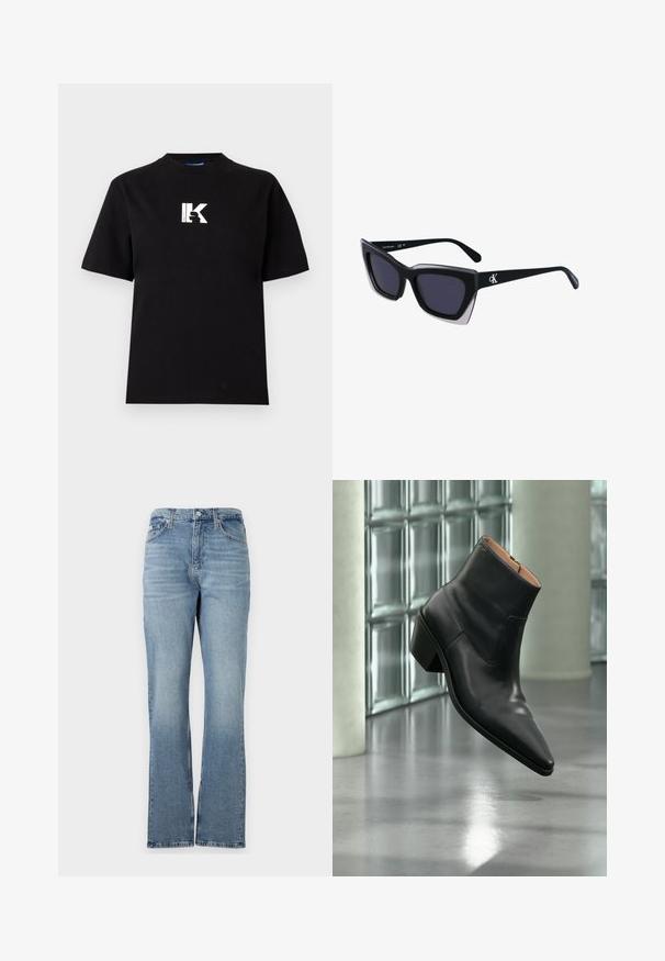 Karl Lagerfeld Jeans LOGO TEE - T-shirt basique - black; Jean en denim bleu clair avec une jambe droite, design à cinq poches, passants de ceinture et fermeture éclair. Le tissu a une texture subtile.; Bottine en cuir noir avec un bout pointu et un talon carré lévitant au-dessus d'un sol gris réfléchissant près d'un mur en blocs de verre.; Lunettes de soleil noires surdimensionnées avec une forme géométrique, dotées de verres foncés et d'un détail gris contrastant sur la monture. Logo sur la branche.