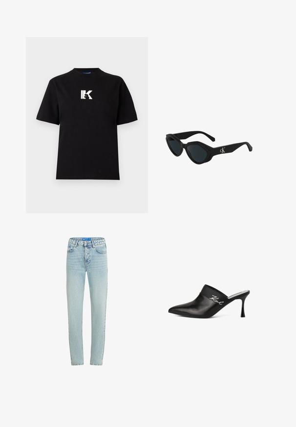 Karl Lagerfeld Jeans LOGO TEE - Lihtne T-särk - black; Heledad sinine teksad, sirge lõikega, viie taskuga ja nööbivajutusega. Omab kulumise kohta ja tugevdusõmblusi õmbluste juures.; Mustast nahast muul, millel on terav varvas ja stilettokand. Omab laia riba, millel on hõbedased kirja-detailid küljel. Sile tekstuur.; Mustad mustikate sarvklaasidega mustad kiisikujulised päikeseprillid, läikiva viimistlusega, tumedate objektiividega ja tempel on kaunistatud "cK" logoga. Nurklik disain ja paksud raamid.