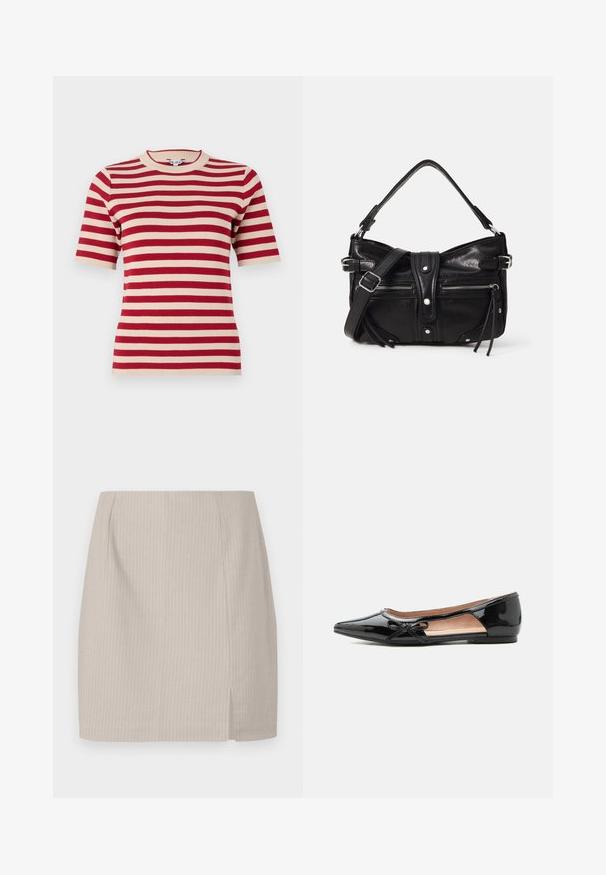 T-shirt en tricot à manches courtes rayé rouge et crème avec un col rond et une texture côtelée. Rayures uniformément espacées sur le tissu.; Jupe crayon beige avec une texture rayée, une coupe droite et une fente sur le côté pour plus de mouvement. Fabriquée en tissu léger.; Chaussure plate pointue en cuir verni noir avec découpe latérale et petit nœud décoratif sur le bord extérieur.; Even&Odd H24462 - Sac à main - black
