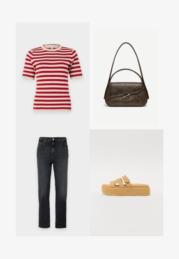Rød og creme-stribet kortærmet strik t-shirt med rund halsudskæring og ribbet tekstur. Jævnt fordelte striber over stoffet.; Mørkegrå denimjeans med en klassisk lige benpasform, fem lommer og en enkelt metalknaplukning i taljen.; Steve Madden BIGMISSILE - Hjemmesko - beige; Mørkebrun tekstureret læderhåndtaske med to stropper, afrundet rektangulær form og sølvfarvet cirkulært låsespænde på frontklap.