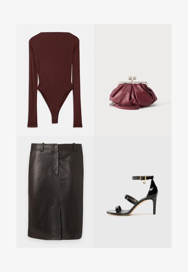 Bodysuit long à manches marron foncé avec un col montant et une silhouette ajustée, posé à plat sur un fond blanc.; Jupe crayon en cuir noire longueur genou avec fente devant, ceinture, passants de ceinture et fermeture par bouton.; Sandale en cuir verni noir avec trois brides, boucle de cheville et talon aiguille de 10 cm. Présente un détail en métal doré et un charm logo.; Petite pochette en cuir bordeaux avec fermoir en métal argenté et bracelet pour poignet sur fond blanc.