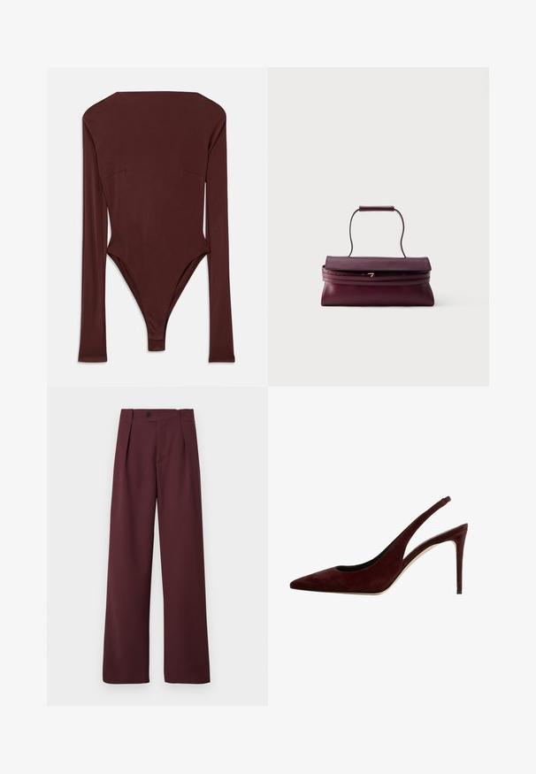 Mørkebrun langærmet bodystocking med høj halsudskæring og tætsiddende silhuet, lagt fladt på en hvid baggrund.; CLOSED MAWSON - Bukser - dark raisin red; Mørkerød suede slingback pump med spids tå og stiletto hæl, set fra siden på en hvid baggrund.; Rektangulær bordeaux læderhåndtaske med tophåndtag, klaplås og slankt bælte foran.