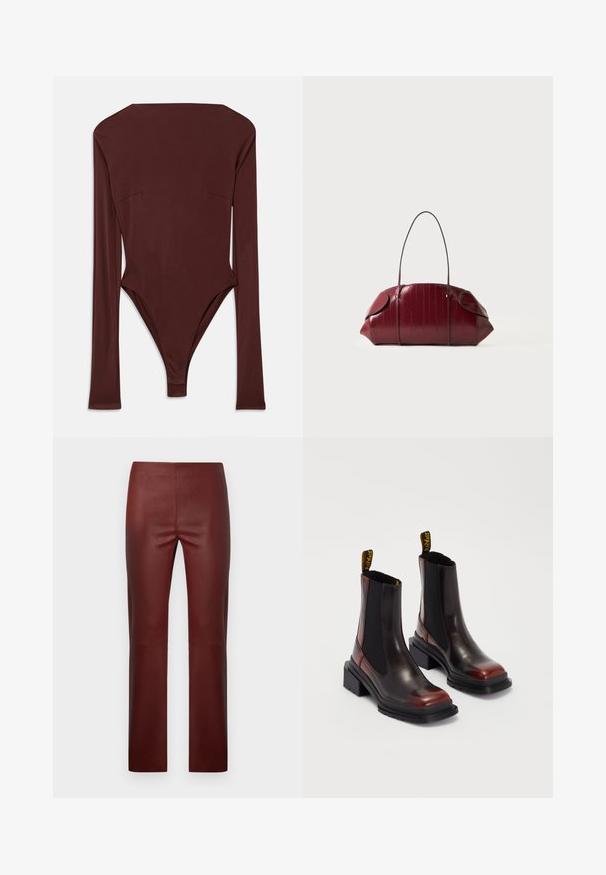 Dunkelbrauner Langarm-Bodysuit mit hohem Kragen und taillierter Silhouette, flach auf einem weißen Hintergrund ausgelegt.; Weinrote Hose aus Kunstleder mit engem Schnitt, glatter Textur, geradem Bein und ohne sichtbare Beschläge oder Akzente.; Dr. Martens MAYBOLE CHELSEA - Plateaustiefelette - black/cherry red; Tiefrote strukturierte Lederhandtasche mit langem dünnem Riemen, gebogenem oberen Abschluss und abgerundeten Enden auf einfachem hellen Hintergrund.