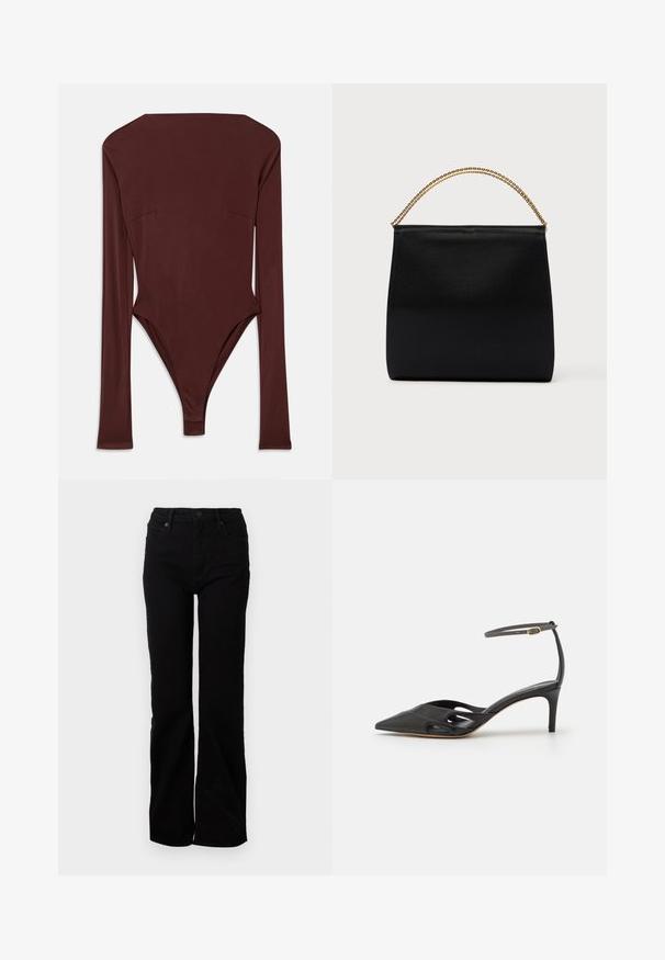 Mørkebrun langærmet bodystocking med høj halsudskæring og tætsiddende silhuet, lagt fladt på en hvid baggrund.; Sorte denim jeans med en straight leg-design, fem lommer, frontlukning med knap og subtil struktur. Ingen synlige mønstre eller accenter.; Sort læder højhælet sko med spids tå, åbne sider og en tynd ankelrem med en lille guld detalje.; Sort taske lavet af glat stof, med en struktureret form, et håndtag med guld kæde og et minimalistisk geometrisk design.