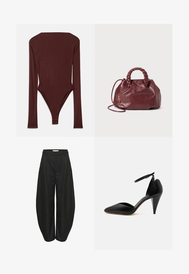 Bodysuit long à manches marron foncé avec un col montant et une silhouette ajustée, posé à plat sur un fond blanc.; Pantalons noirs taille haute à jambes larges avec plis, passants de ceinture et fermeture frontale dissimulée, conçus par Gestuz.; Escarpin en cuir noir à bout pointu avec bride à la cheville et talon conique sur fond blanc.; Sac à main en cuir bordeaux avec une anse tressée, texture douce et forme arrondie. Dispose d'une bandoulière amovible pour plus de polyvalence.