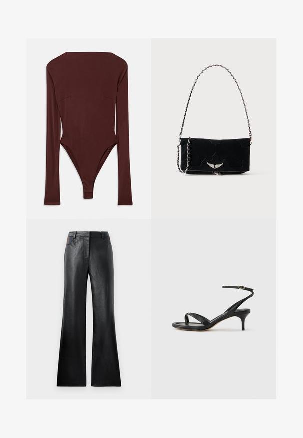 Bodysuit long à manches marron foncé avec un col montant et une silhouette ajustée, posé à plat sur un fond blanc.; Pantalon évasé en cuir noir avec une texture lisse, comportant deux poches avant avec des accents noirs et marron près de la taille.; Sandale pour femme en cuir noir avec fines lanières, une boucle d'orteil, une boucle à la cheville et un talon aiguille de hauteur moyenne sur un fond neutre.; Sac à main rectangulaire noir avec un emblème ailé argenté sur le devant et une bandoulière chaîne argentée sur fond uni.