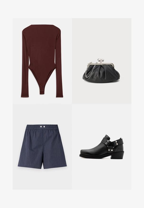 Donkerbruin langemouwen bodysuit met hoge halslijn en getailleerde pasvorm, plat op een witte achtergrond gelegd.; Marineblauwe gestreepte short met een elastische tailleband, voorzien van twee witte knopen aan de voorkant, gemaakt van lichtgewicht stof.; Zwarte leren enkelboots met een ronde neus, zilveren hardwareaccenten, een lage gestapelde hak en twee verstelbare banden aan de zijkanten.; Zwarte leren clutch met geplooide textuur, zilverkleurig metalen frame, drukknopsluiting en kettingriem. Glad, zacht oppervlak.