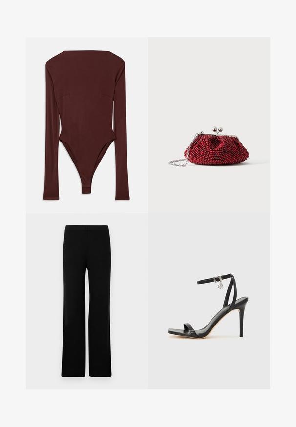 Donkerbruin langemouwen bodysuit met hoge halslijn en getailleerde pasvorm, plat op een witte achtergrond gelegd.; Zwarte wijde broek met een soepele textuur en elastische tailleband, voorzien van een geribbelde structuur. Eenvoudige en veelzijdige snit.; Zwarte sandaal met hoge hak, smalle enkelband, vierkante neus, soepel leermateriaal en metalen gespsluiting.; Kleine rode beaded clutch met zilveren sluiting en kettingband op een effen witte achtergrond.