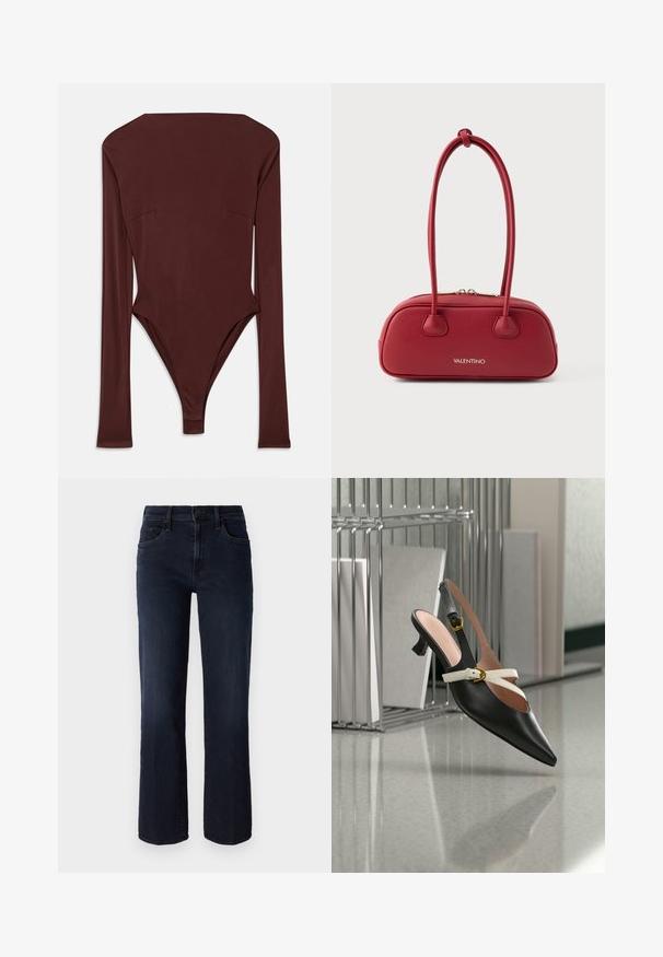 Donkerbruin langemouwen bodysuit met hoge halslijn en getailleerde pasvorm, plat op een witte achtergrond gelegd.; Mother THE MID RISE RAMBLER - Straight leg jeans - dunkelblau; Zwarte leren slingback schoen met puntige neus, lage hak en witte gespsluitingen, tentoongesteld bij metalen planken met boeken of dossiers.; Rode leren handtas met een ronde vorm, twee korte handvatten en gouden hardware. Kenmerkt de merknaam "Valentino" in het goud aan de voorkant.