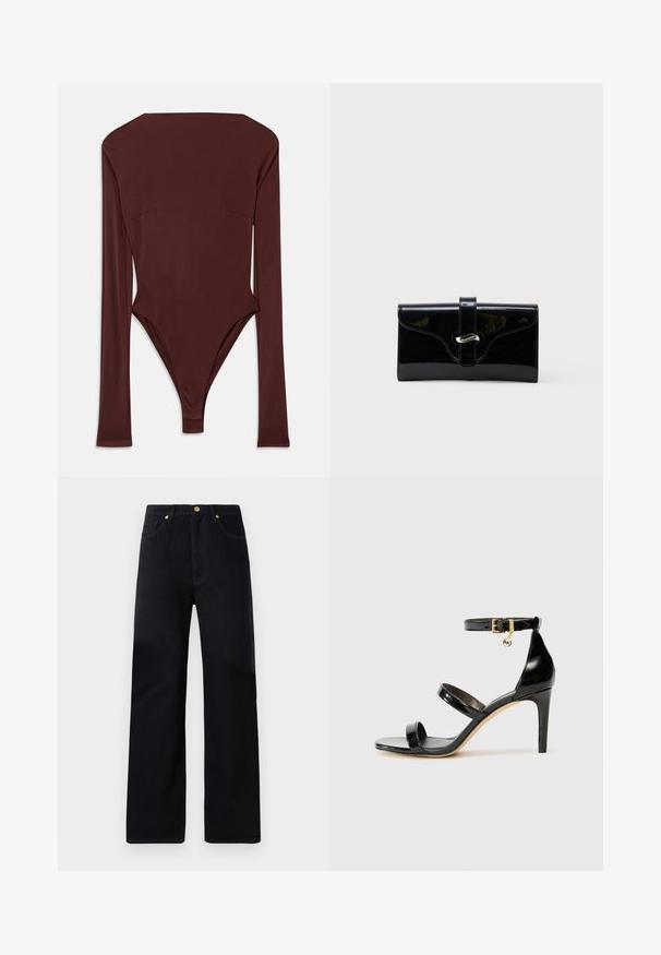Dunkelbrauner Langarm-Bodysuit mit hohem Kragen und taillierter Silhouette, flach auf einem weißen Hintergrund ausgelegt.; Schwarze Denim-Hosen mit geradem Schnitt, hoher Taille, fünf Taschen, goldenen Beschlägen und dezenten Nähdetails.; Schwarze Lackleder-Sandale mit drei Riemen, Knöchelriemen und 10 cm hohen Stiletto-Absatz. Verfügt über goldfarbene Hardware-Details und ein Logo-Charm.; Schwarze glänzende rechteckige Brieftasche mit einem vorderen Riemen und silberner Metallverschluss, vor einem schlichten weißen Hintergrund.
