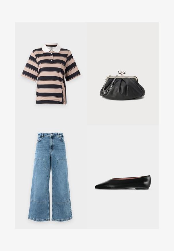 Lühikeste varrukatega polo shirt heledas beežis, tumeda meresinise triibuga, valge krae, kolme nupuga tõmblukk ja kokku kogutud külje detail.; Heledad sinisest denimis laiad püksid kõrge vöökohtadega, suurte esikottidega ja nähtavate õmblustega. Omab klassikalist viie tasku disaini.; Mustast nahast naiste madala kontsaga ja terava ninaga king, külgvaates hästi nähtav helehallil ühtlasel taustal.; Musthave musta nahast käekott, millel on volditud tekstuur, hõbedane metallraam, lukustatud sulgemismehhanism ja kett. Sile ja pehme pind.