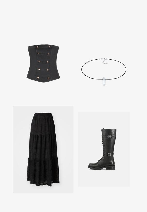 Corset noir sans bretelles avec six paires de boutons décoratifs en cuivre disposés verticalement à l'avant.; Jupe maxi noire en tissu texturé, avec un design à volants, une taille froncée et de subtils motifs ondulés sur l'ensemble.; Bottes hautes en cuir noir avec un laçage sur le devant, des boucles sur le côté, une texture lisse, un bout arrondi et un talon bas solide.; Choker en cordon noir avec un pendentif en cristal de quartz clair, de forme pointue et texture lisse, fixé avec un fermoir en métal argenté.