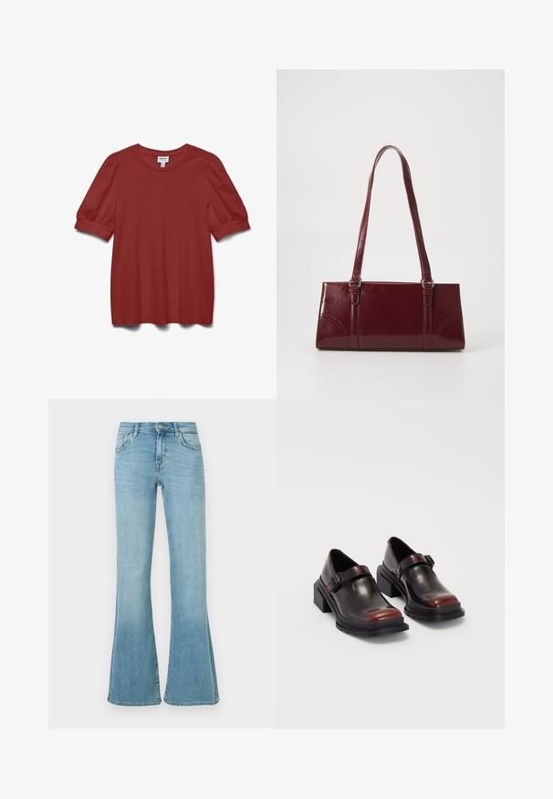 Roodbruine korte mouwen blouse met pofmouwen, een ronde hals en een aansluitend manchetdetail.; Lichtblauwe denimjeans met hoge taille, knoop- en ritssluiting aan de voorkant, voor- en achterzakken en uitlopende pijpen.; Leren blokhak schoenen met een glanzende donkerburgundy afwerking, voorzien van een gespstrap en een rond neusstuk. Getextureerde zool voor grip.; Bourgondische handtas van glanzend materiaal, rechthoekige vorm, met twee schouderbanden en subtiele gebogen accenten aan de voorkant.