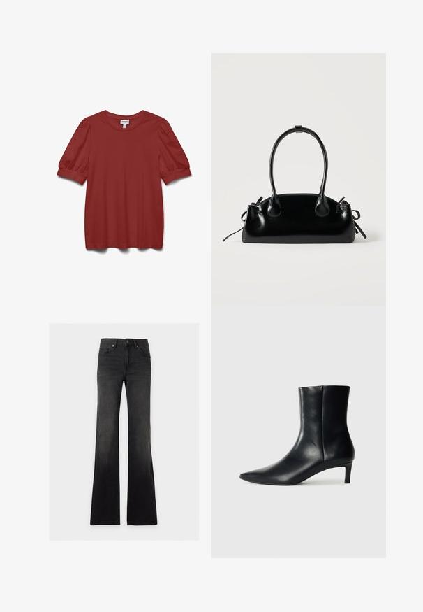 Roodbruine korte mouwen blouse met pofmouwen, een ronde hals en een aansluitend manchetdetail.; Zwarte high-waist flare jeans met voorzakken, riemlussen, knoopsluiting en een vervaagd was-effect.; Zwarte leren enkelboot met een spitse neus, taps toelopend silhouet en een lage, ronde hak. Gladde textuur met minimale details.; Kleine zwarte glanzende handtas met twee lange hengsels en zijkant trekkoord details op een effen lichte achtergrond.